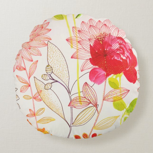 Blommigt Bloom  Guld Sol Rosa Vattenfärg Rund Kudde (Framsidan)