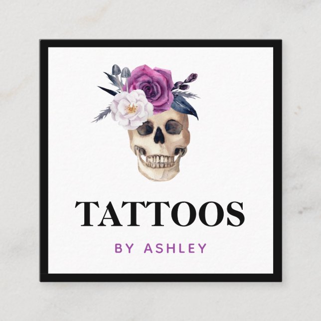 Blommigt Bloom Watercolor Gothic Skull Tattoo Arti Fyrkantigt Visitkort (Framsida)