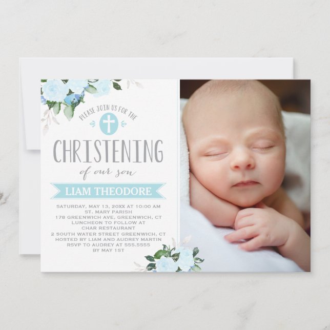 Blommigt Blooms Blue | Christening-inbjudan Inbjudningar (Framsida)