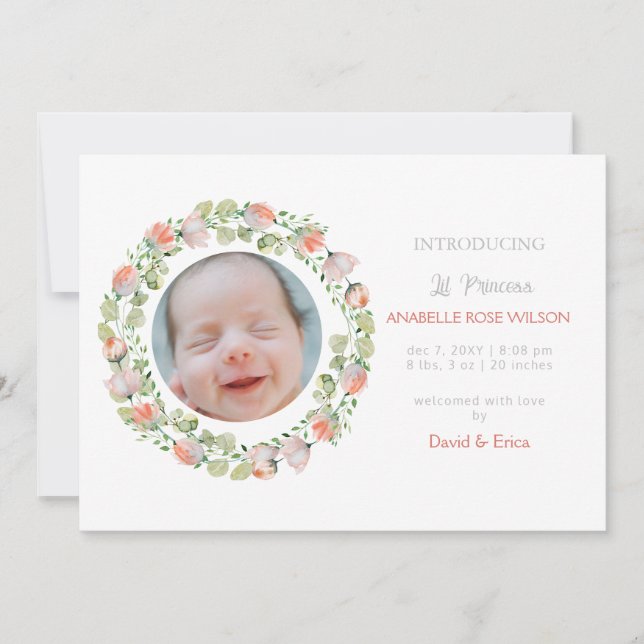 Blommigt Blooms Cute Girl Birth Notice Meddelande (Framsida)