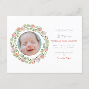 Blommigt Blooms Cute Girl Birth Notice Meddelande Vykort
