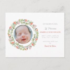 Blommigt Blooms Cute Girl Birth Notice Meddelande Vykort