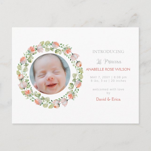 Blommigt Blooms Cute Girl Birth Notice Meddelande Vykort (Framsida)