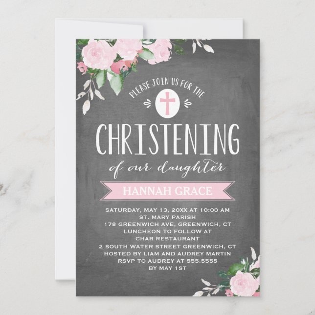 Blommigt Blooms-kalkylpanel | Christening-inbjudan Inbjudningar (Framsida)