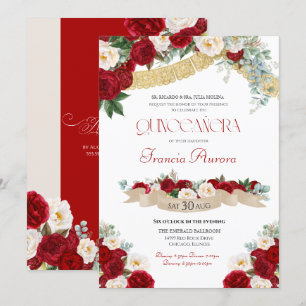 Blommigt Blooms Red & White Guld Finare Quinceañer Inbjudningar
