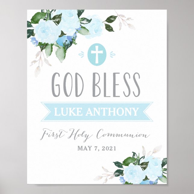 Blommigt Blooms Välsigna dig Communion Sign Blue Poster (Framsidan)