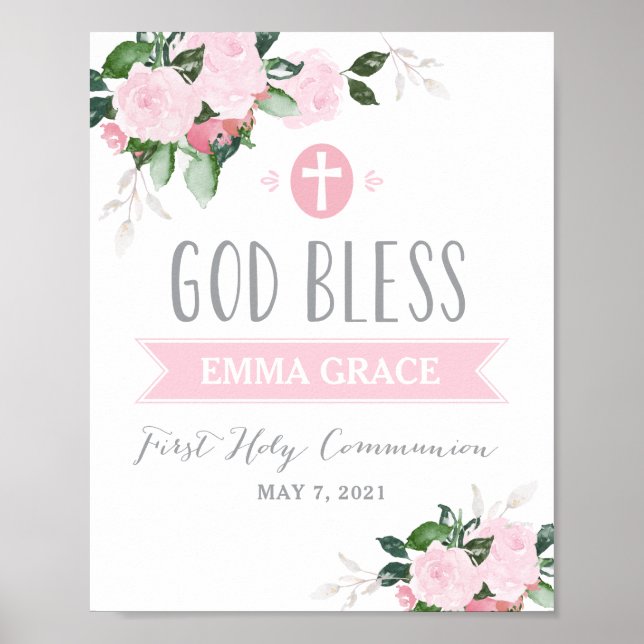 Blommigt Blooms Välsigna dig Communion Sign Rosa Poster (Framsidan)