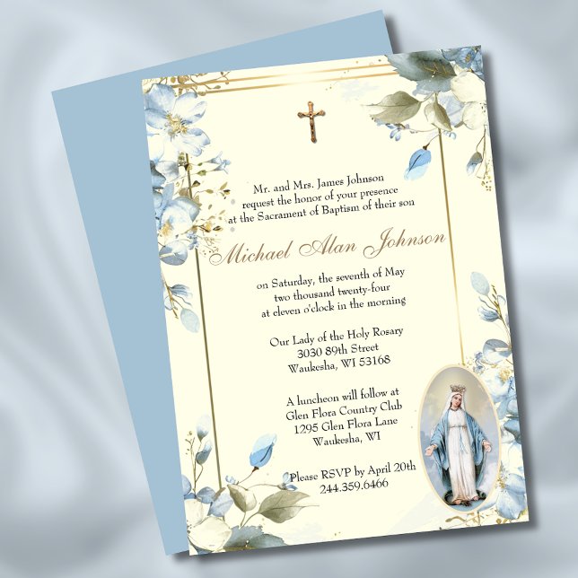 Blommigt Blsed Mary Catholisk Baptism-inbjudan Inbjudningar (Skapare uppladdad)