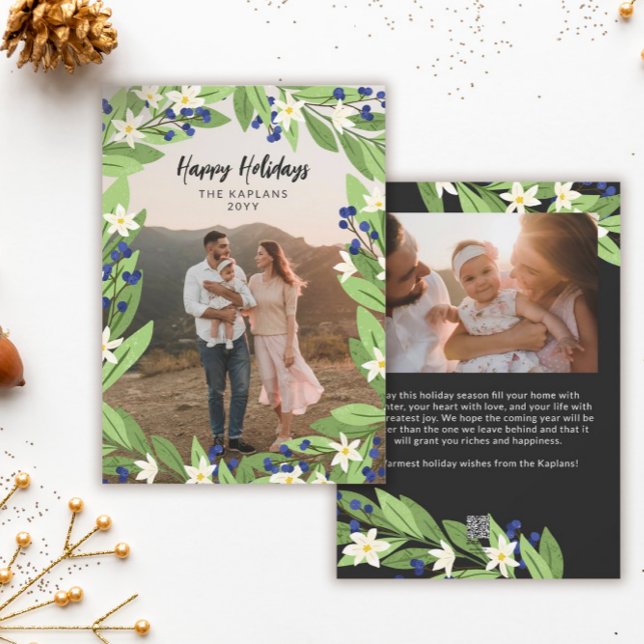 Blommigt Blue Berries Greenery Ram Glad helg Julkort (Skapare uppladdad)