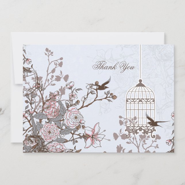 Blommigt Blue Bircage, love birds Tack Inbjudningar (Framsida)