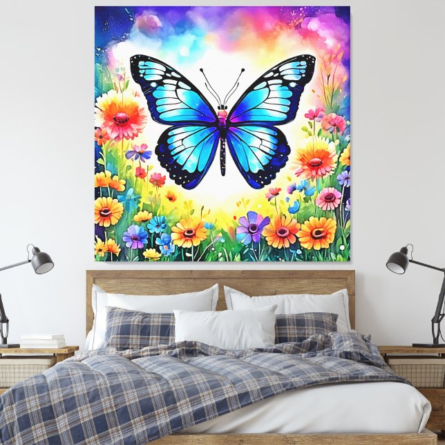 Blommigt Blue Butterfly Art Canvastryck (Insitu (sovrum))
