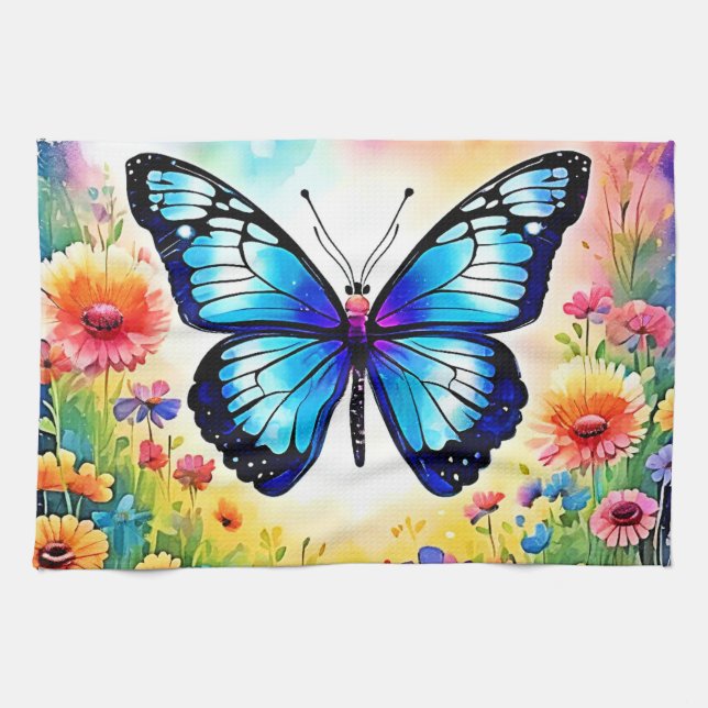 Blommigt Blue Butterfly Art Kökshandduk (Horisontell)