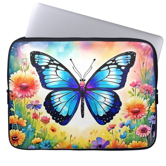 Blommigt Blue Butterfly Art Laptop Fodral (Framsidan)