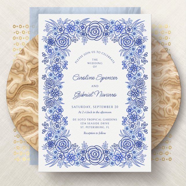Blommigt Blue Chinoiserie Fransk Bröllop Inbjudningar (Skapare uppladdad)