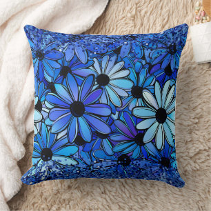Blommigt Blue Daisy Flowers Mönster Pastel Kudde