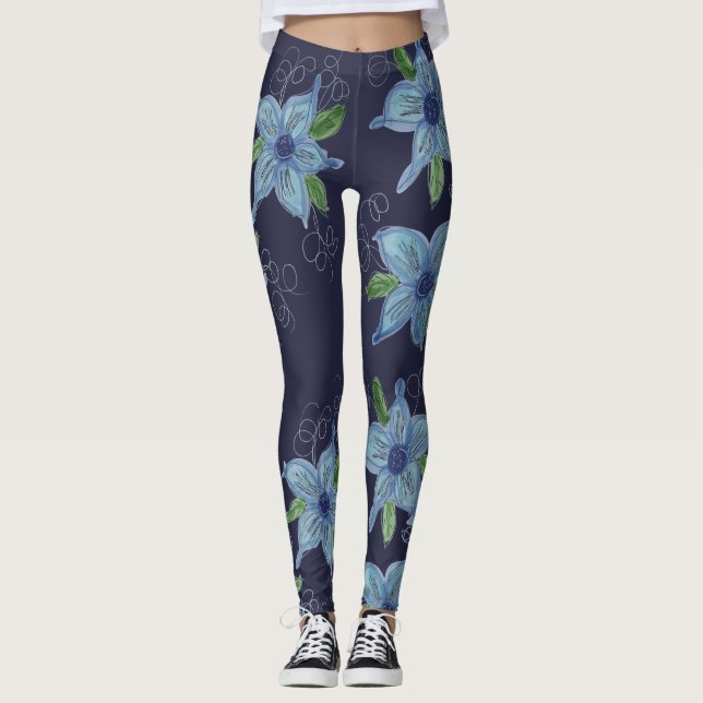 Blommigt Blue Denim Färgad Star Leggings (Framsida)