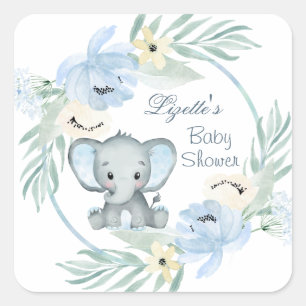 Blommigt blue Elephant Baby Shower Fyrkantigt Klistermärke