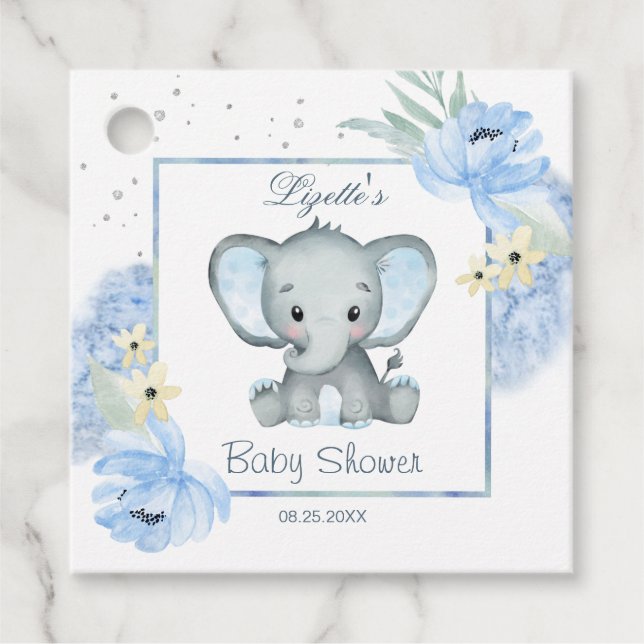 Blommigt Blue Elephant Baby Shower Gåvor Etiketter (Framsida)