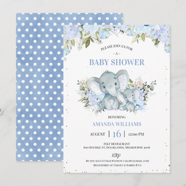 Blommigt Blue Elephant och Calf Boys Baby Shower Inbjudningar (Fram/baksida)