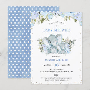 Blommigt Blue Elephant och Calf Boys Baby Shower Inbjudningar