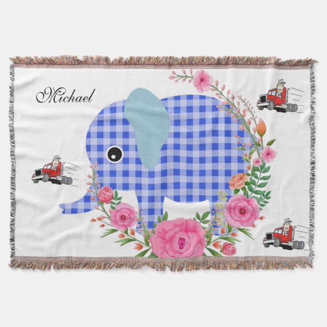 Blommigt Blue Elephant Throw Blanket Filt (Framsidan)