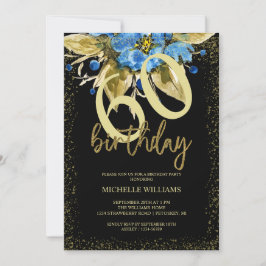 Blommigt Blue Glitter Guld Calligraphy Birthday Inbjudningar