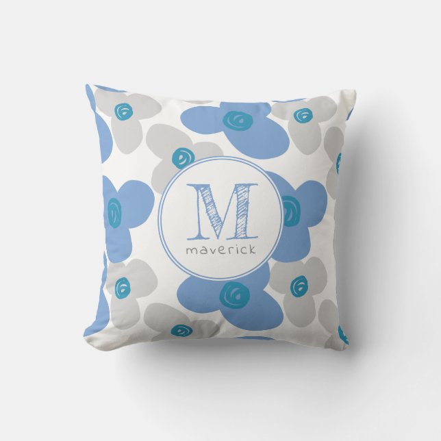 Blommigt Blue Grått Baby Adsible Monogram Kudde (Framsida)
