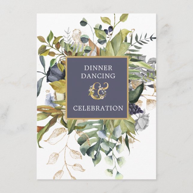 Blommigt Blue & Grönt, Guld Ampersand RECEPTION Tilläggskort (Framsida)