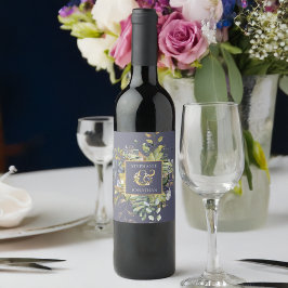 Blommigt Blue & Grönt w Ampersand Bröllop Vinflaska Etikett