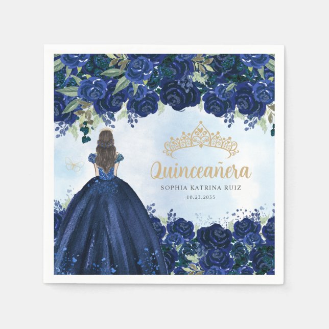 Blommigt Blue Guld Dress Princess Quinceanera Pappersservett (Framsidan)