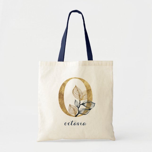 Blommigt Blue Guld Löv Plant Monogram Brev ’O’ Tygkasse (Framsidan)