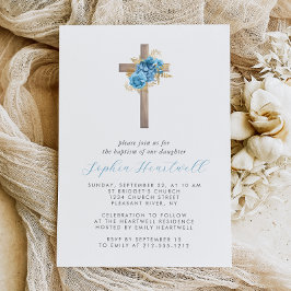Blommigt Blue Guld Ro Kor Flickor Baptism Inbjudningar