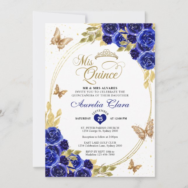 Blommigt Blue Guld Tiara Butterfly Mis Quinceañera Inbjudningar (Framsida)