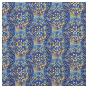 Blommigt Blue Gult Circle Motif Tyg