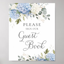 Blommigt Blue Hydrangea Bröllop Guest Bok Sign Poster