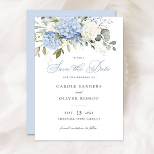 Blommigt Blue Hydrangea Greenery Bröllop Spara Dat Inbjudningar