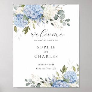 Blommigt Blue Hydrangea Greenery Bröllop Välkommen Poster