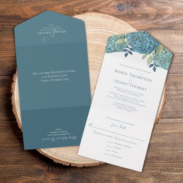 Blommigt Blue Hydrangea Guest Mottagare Namn (Classic Blue Hydrangea meal choice tri fold invitation)