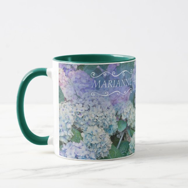 Blommigt Blue Hydrangea Monogram Namn Script Mugg (Vänster)