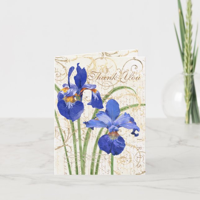 Blommigt Blue Iris Guld Damask White Tack Kort (Framsida)
