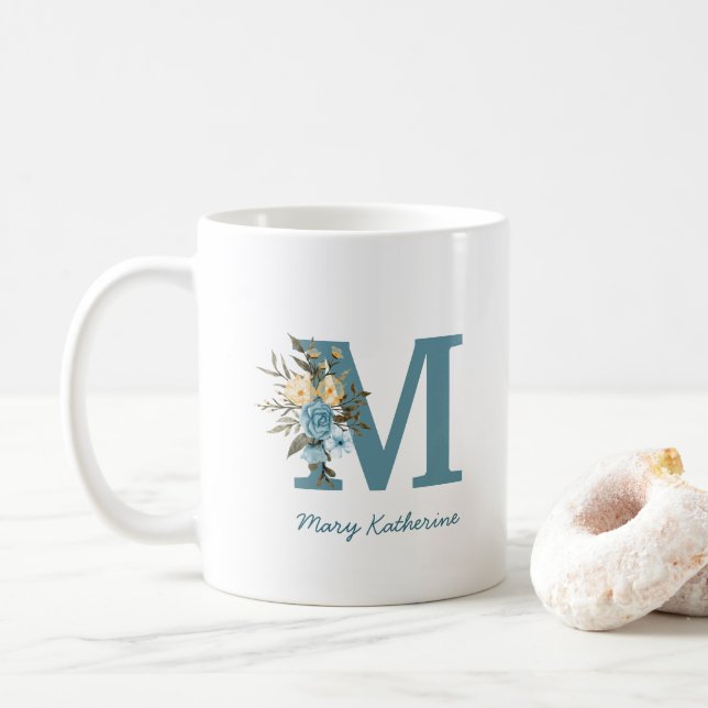 Blommigt Blue Monogram Personlig Coffee Mugg (Med munk)