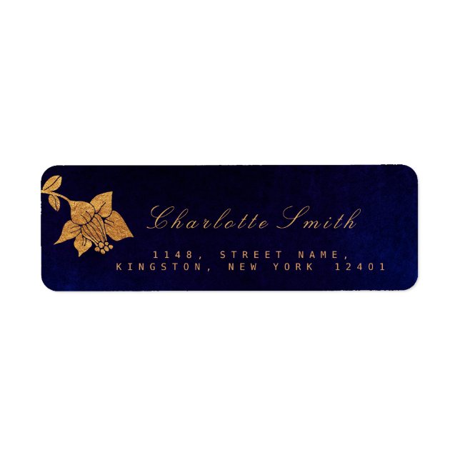 Blommigt Blue Navy Golden Foil Returetiketters Returadress Etikett (Framsidan)