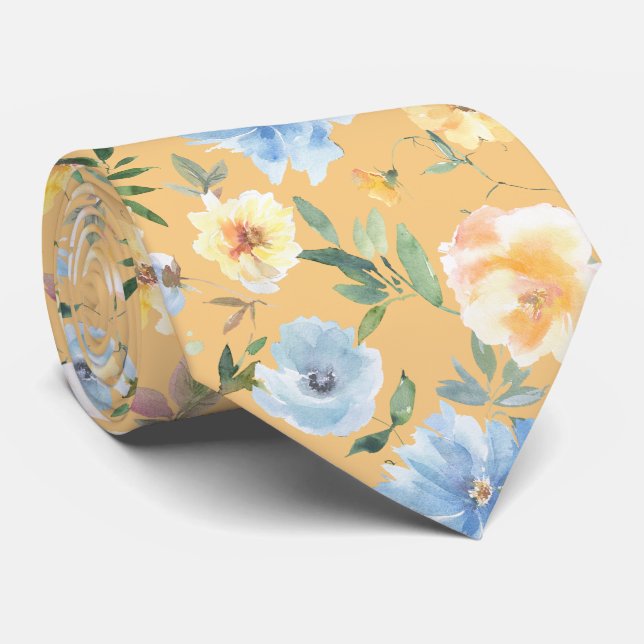 Blommigt Blue och Gula blommor Neck Tie Necktie Slips (Rullad)