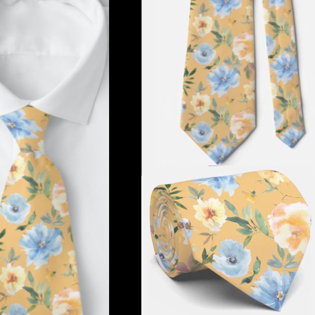 Blommigt Blue och Guld Flowers Neck Tie Necktie Slips (Skapare uppladdad)
