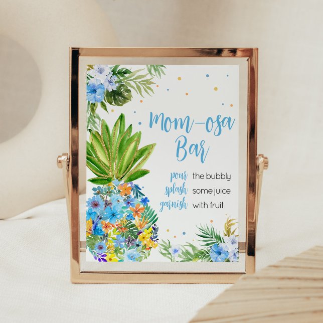 Blommigt Blue Pineapple Baby Shower Mamma Osa Pub Poster (Blue Gold Pineapple Baby Shower Mom Osa Bar Sign)
