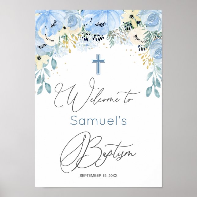 Blommigt Blue Pojke Baptism Poster (Framsidan)