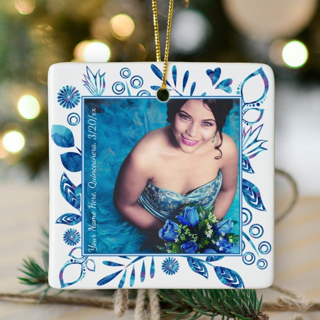 Blommigt Blue Quinceanera julfoto Ornament (blue floral quinceanera photo ornament blue mis quince keepsake gift flowers hearts royal blue)