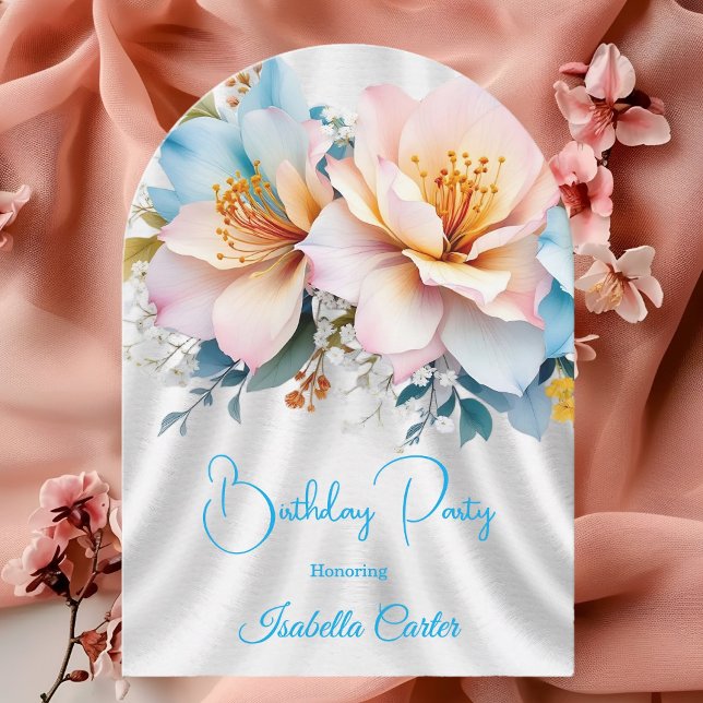 Blommigt Blue Rosa Gula blommor Födelsedagsfest Inbjudningar (Skapare uppladdad)