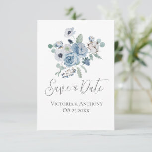 Blommigt Blue Script Modern Bröllop spara datum