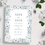 Blommigt Blue Spara Datumet<br><div class="desc">Blommigt Blått Spara datum. Gå in i en botanisk skönhetsträdgård och upptäck en fantastisk inbjudan spara-date med vackra, handmålade blommigtar med vattenfärg arrangerade i en underbar vintage ram. Den ömtåliga dammblått, kräm och vit ros och grönt eucalyptus greenery skapar en elegans, perfekt för din speciella händelse! Teckensnittet blått grått och...</div>